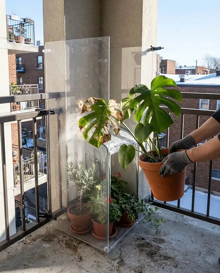 venting a sealed balcony corner on a warm winter day to prevent scorch