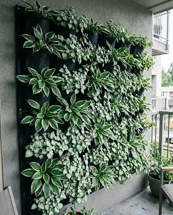 North Facing Balcony Plants: 10 Ideas Beyond Ferns 7 vertical living wall of variegated hostas and lamium on a shady balcony