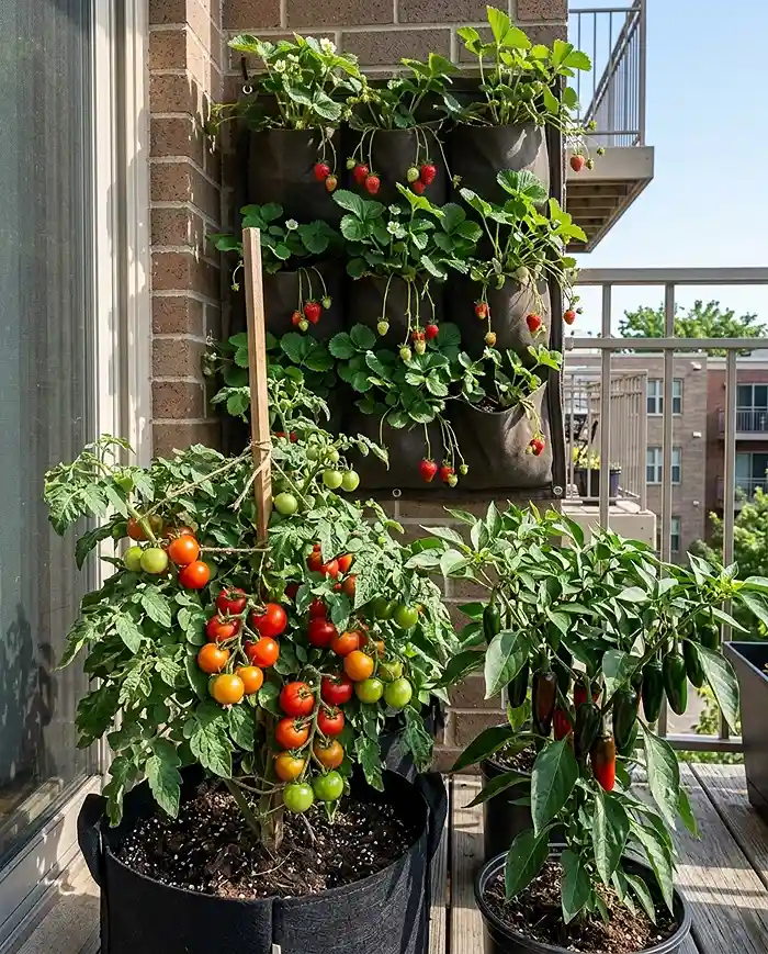vertical tomato, pepper, and strawberry tower on a sunny balcony