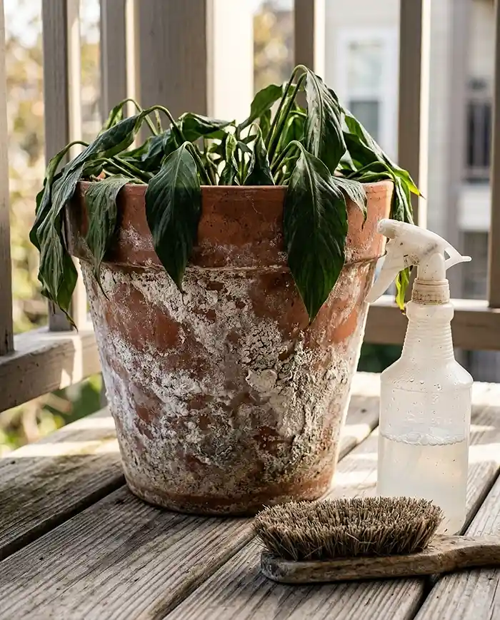 white salt crust and rapid drying on a terracotta pot wall on a sunny balcony