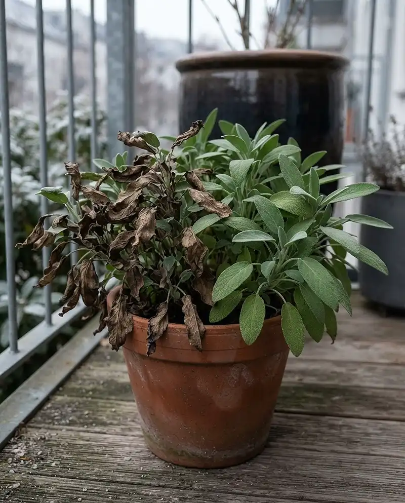wind desiccation browning the windward leaves of potted sage in winter