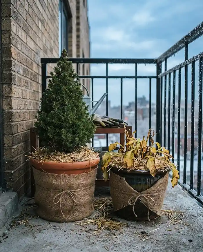 Fall Balcony Garden Cleanup 5 wrapping pots in burlap and mulching crowns to overwinter hardy balcony plants