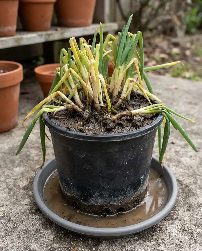 Growing Green Onions in Pots 5 yellowing wilting green onion stems from overwatering and root rot