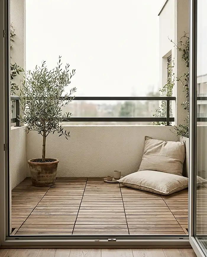 zen minimalist japandi balcony layout with an olive tree in the corner and open floor space